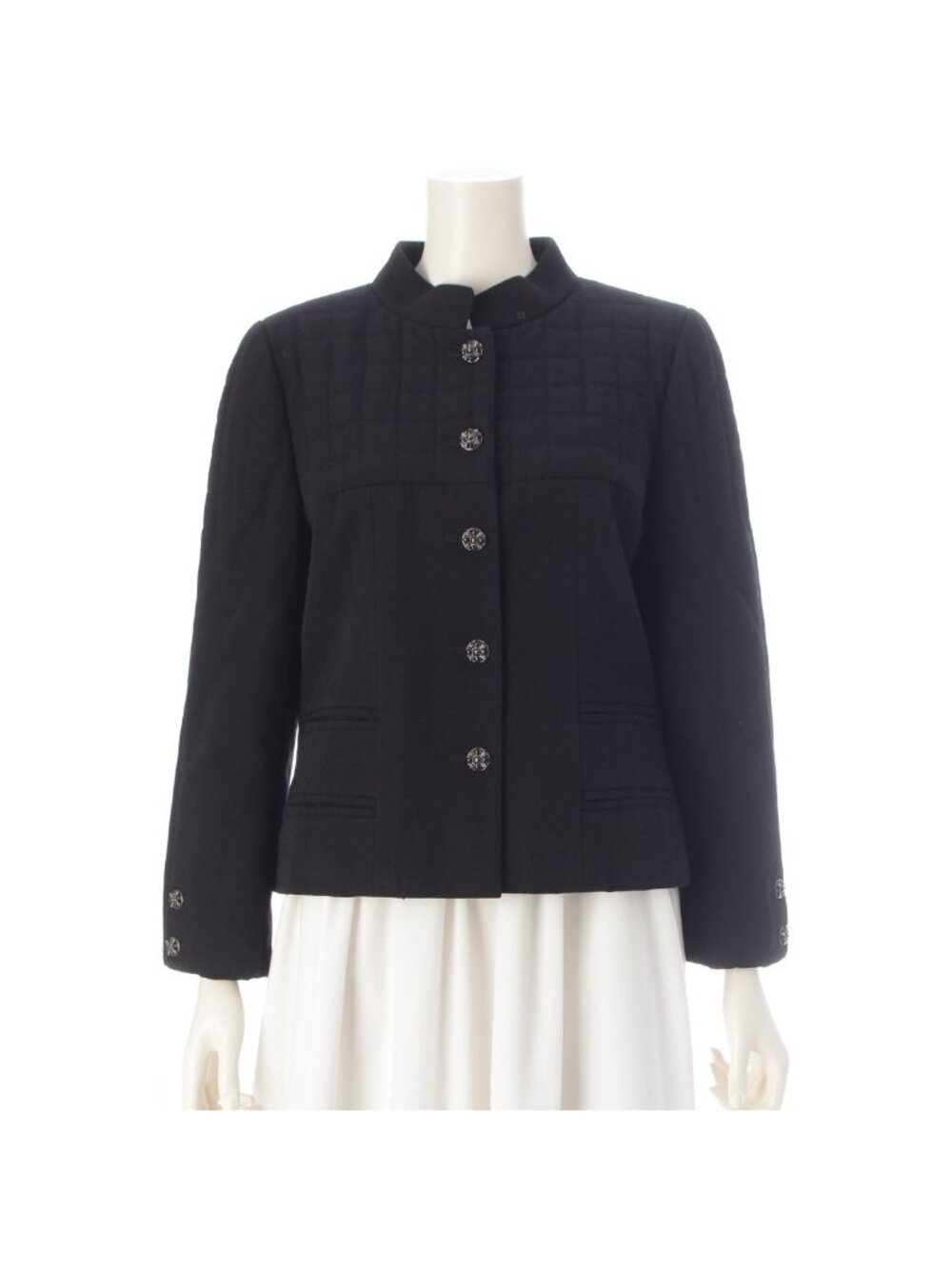 Chanel 06A Wool Gripoix CC Logo Stand Collar Quilted Jacket Black 42